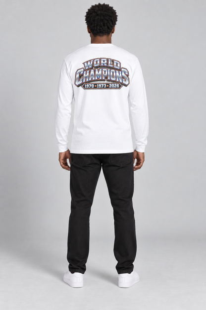 New York 3-Time City Champions white 220 GSM long-sleeve T-shirt on male model – full-body back view | City 2 City Wear