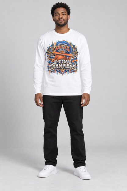 New York 3-Time City Champions white 220 GSM long-sleeve T-shirt on male model – full-body front view | City 2 City Wear