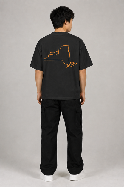New York City 1624 Heritage 240 GSM Heavyweight Boxy T-Shirt in Black, full-body back-view men's studio model photo | City 2 City Wear