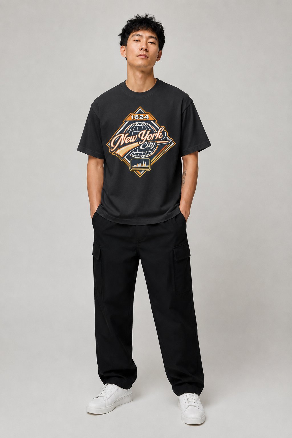 New York City 1624 Heritage 240 GSM Heavyweight Boxy T-Shirt in Black, full-body front-view men's studio model photo | City 2 City Wear