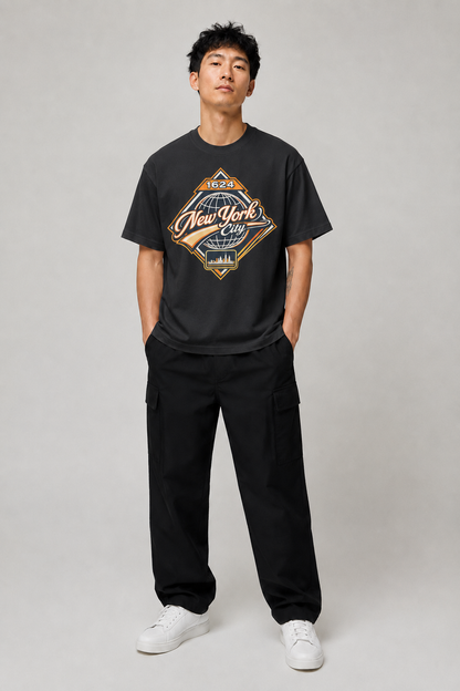 New York City 1624 Heritage 240 GSM Heavyweight Boxy T-Shirt in Black, full-body front-view men's studio model photo | City 2 City Wear