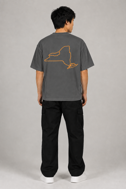 New York City 1624 Heritage 240 GSM Heavyweight Boxy T-Shirt in Graphite Gray, full-body back-view men's studio model photo | City 2 City Wear