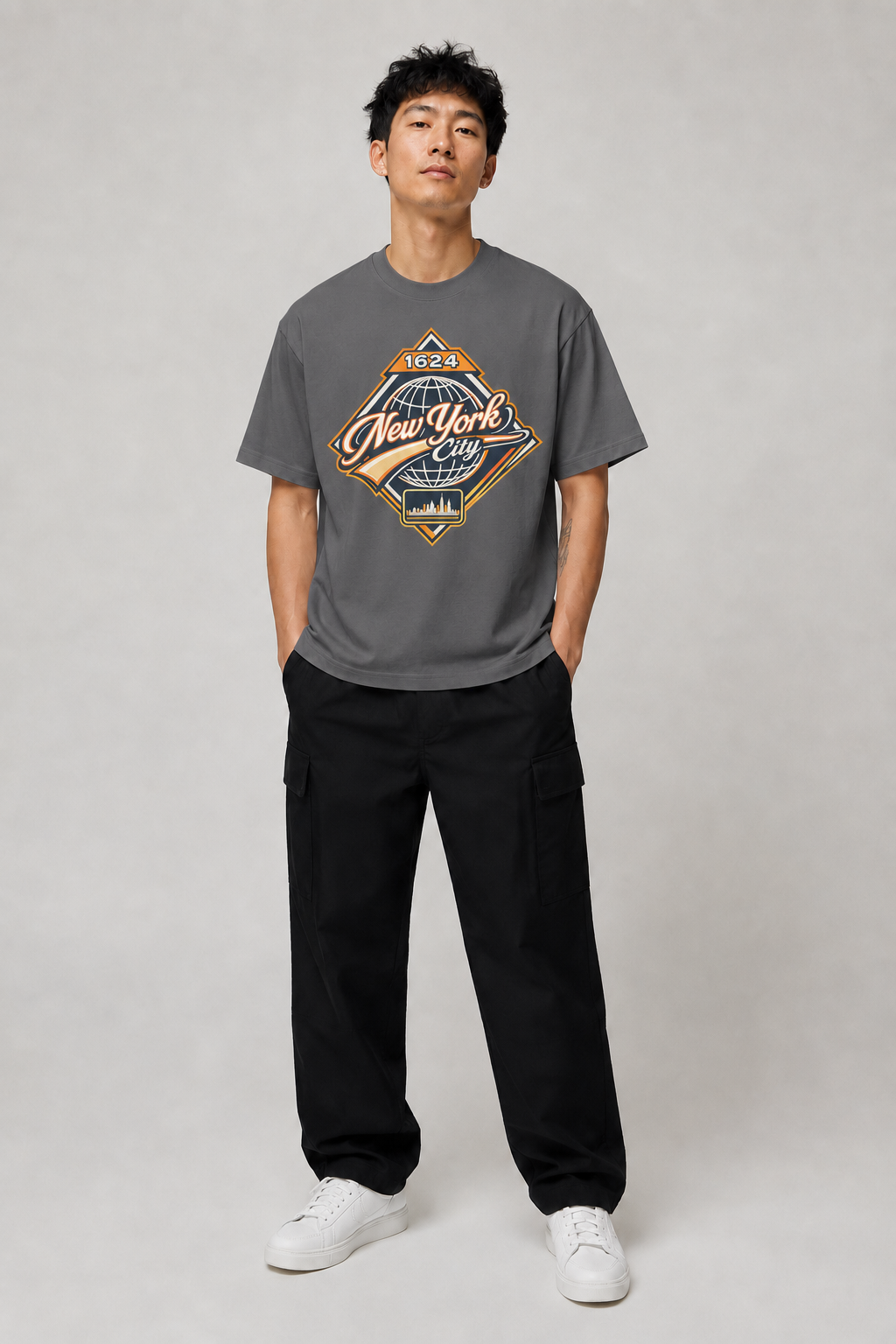 New York City 1624 Heritage 240 GSM Heavyweight Boxy T-Shirt in Graphite Gray, full-body front-view men's studio model photo | City 2 City Wear