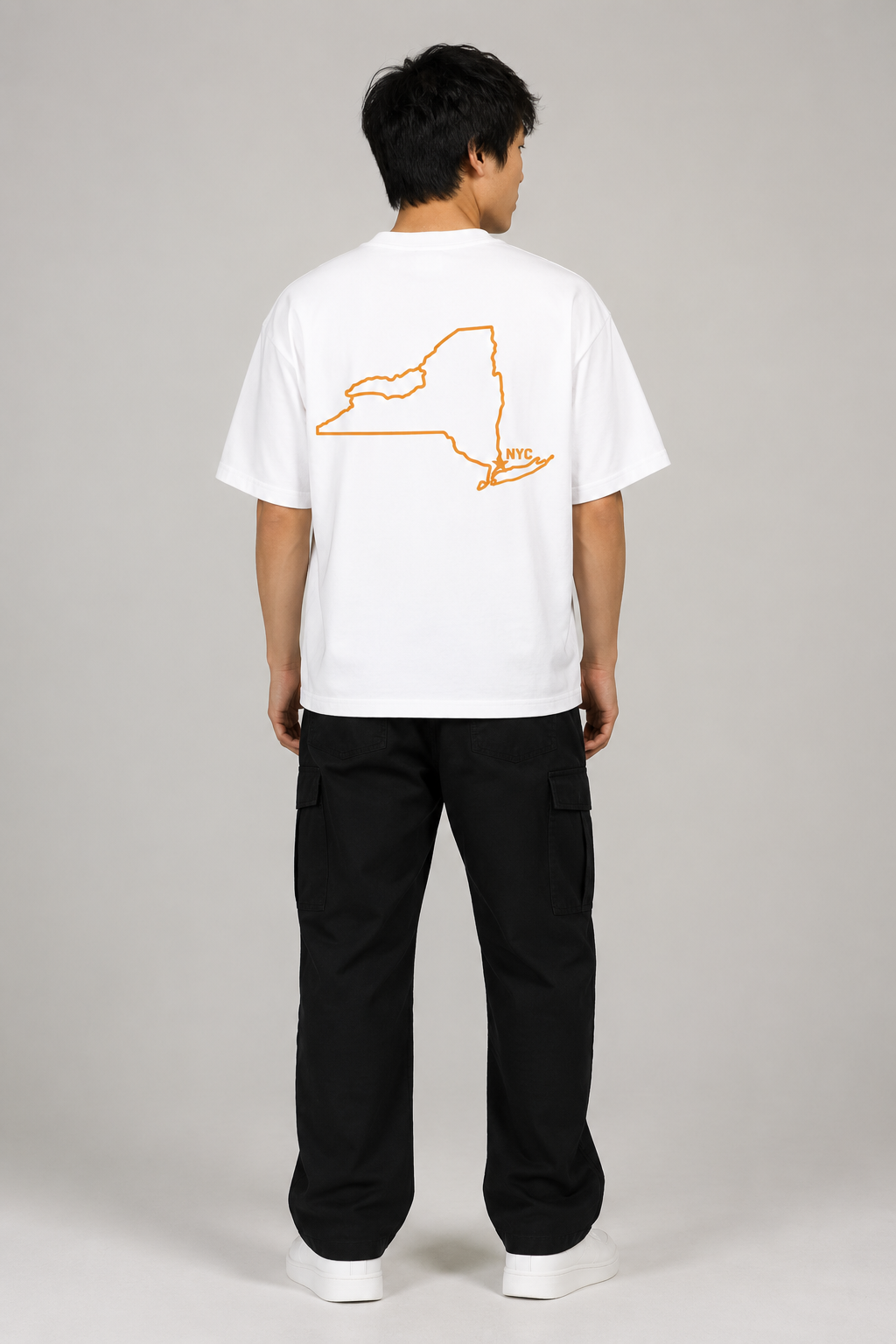 New York City 1624 Heritage 240 GSM Heavyweight Boxy T-Shirt, White back-view full-body men’s studio model photo, New York City | City 2 City Wear