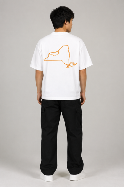 New York City 1624 Heritage 240 GSM Heavyweight Boxy T-Shirt, White back-view full-body men’s studio model photo, New York City | City 2 City Wear