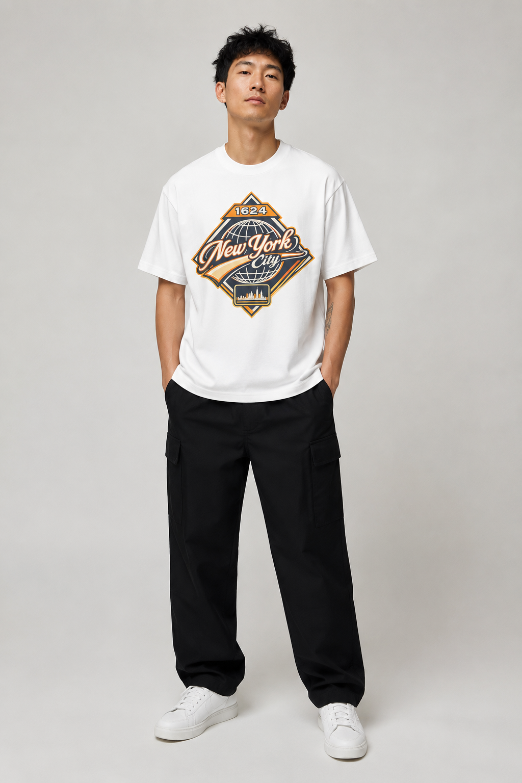 New York City 1624 Heritage 240 GSM Heavyweight Boxy T-Shirt, White front-view full-body men’s studio model photo, New York City | City 2 City Wear