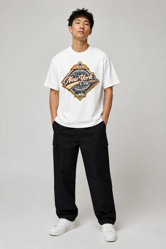 New York City 1624 Heritage 240 GSM Heavyweight Boxy T-Shirt, White front-view full-body men’s studio model photo, New York City | City 2 City Wear