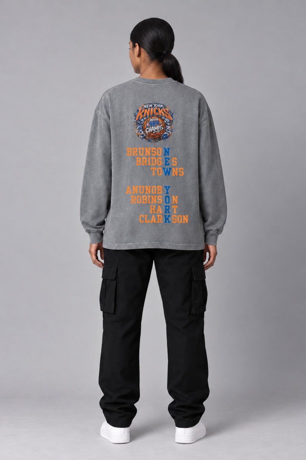 New York City Champions 2026 bright grey 260 GSM washed long-sleeve T-shirt on female model – full-body back view | City 2 City Wear