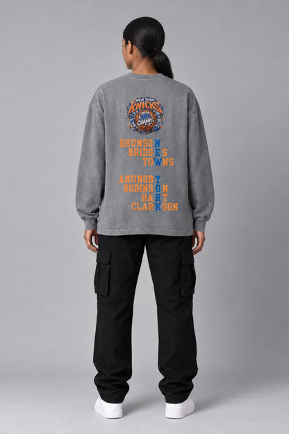 New York City Champions 2026 bright grey 260 GSM washed long-sleeve T-shirt on female model – full-body back view | City 2 City Wear