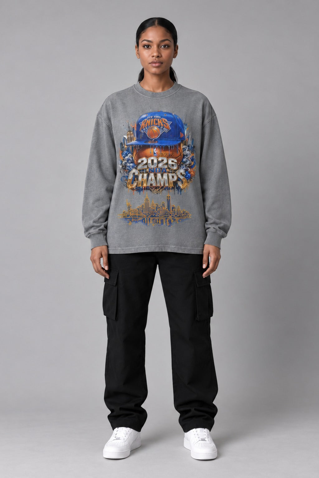 New York City Champions 2026 bright grey 260 GSM washed long-sleeve T-shirt on female model – full-body front view | City 2 City Wear