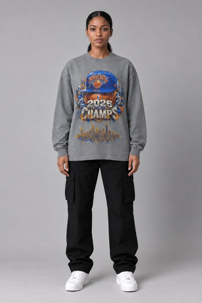 New York City Champions 2026 bright grey 260 GSM washed long-sleeve T-shirt on female model – full-body front view | City 2 City Wear