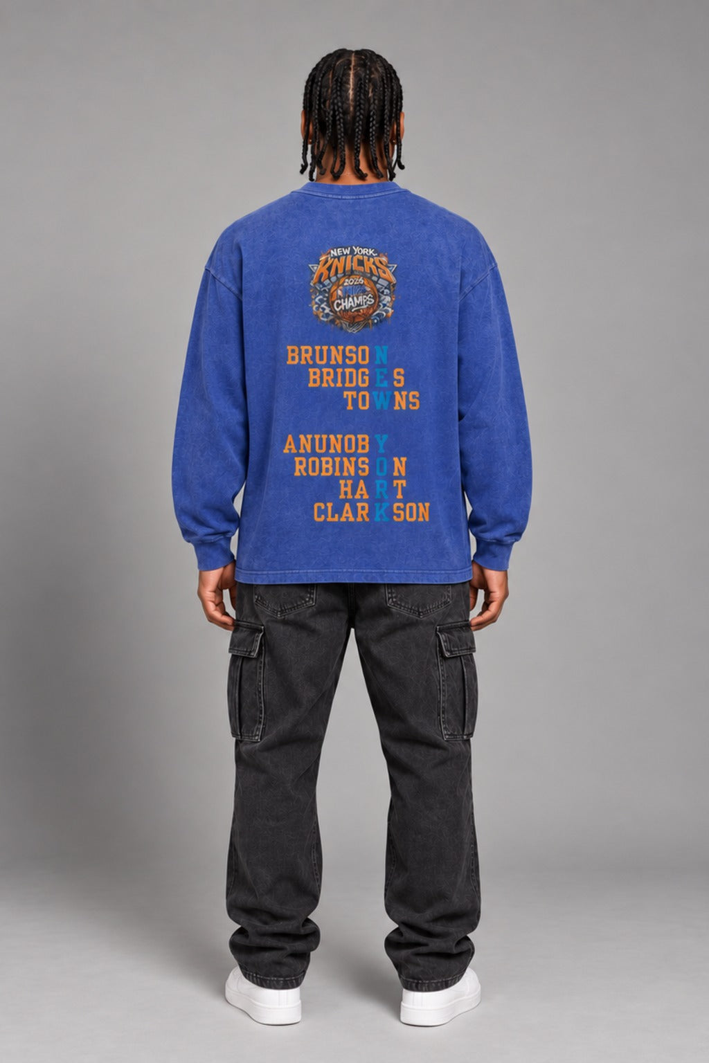 New York City Champions 2026 Byzantine blue 260 GSM washed long-sleeve T-shirt on male model – full-body back view | City 2 City Wear