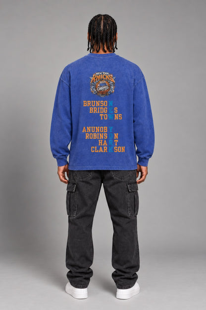 New York City Champions 2026 Byzantine blue 260 GSM washed long-sleeve T-shirt on male model – full-body back view | City 2 City Wear