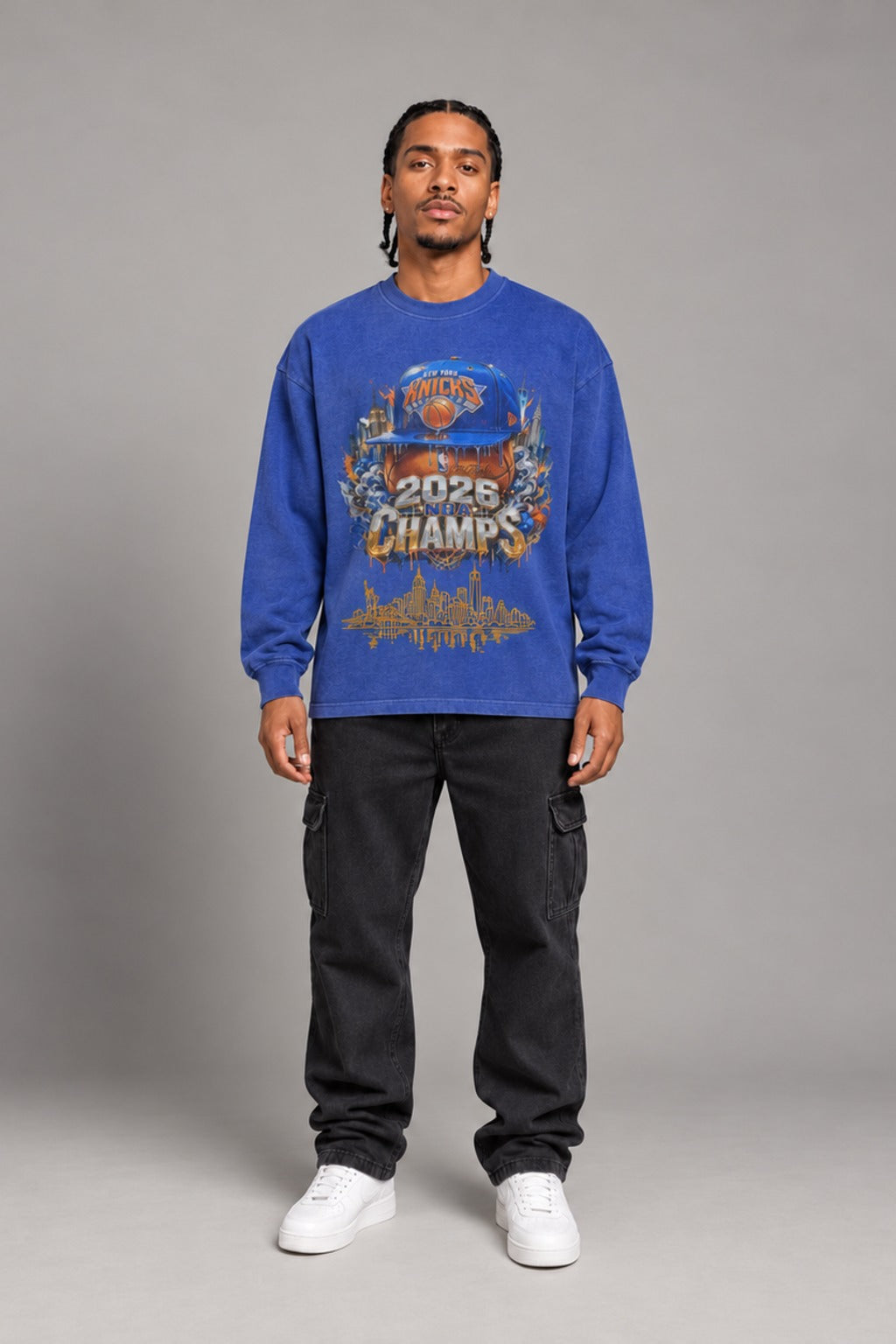 New York City Champions 2026 Byzantine blue 260 GSM washed long-sleeve T-shirt on male model – full-body front view | City 2 City Wear