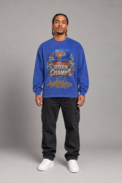 New York City Champions 2026 Byzantine blue 260 GSM washed long-sleeve T-shirt on male model – full-body front view | City 2 City Wear