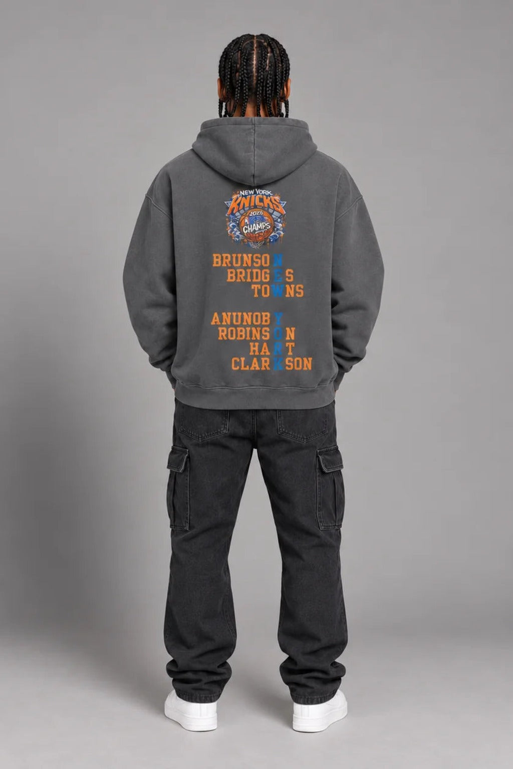 New York City Champions 2026 carbon gray 440 GSM oversized hoodie on male model – full-body back view | City 2 City Wear