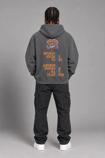 New York City Champions 2026 carbon gray 440 GSM oversized hoodie on male model – full-body back view | City 2 City Wear
