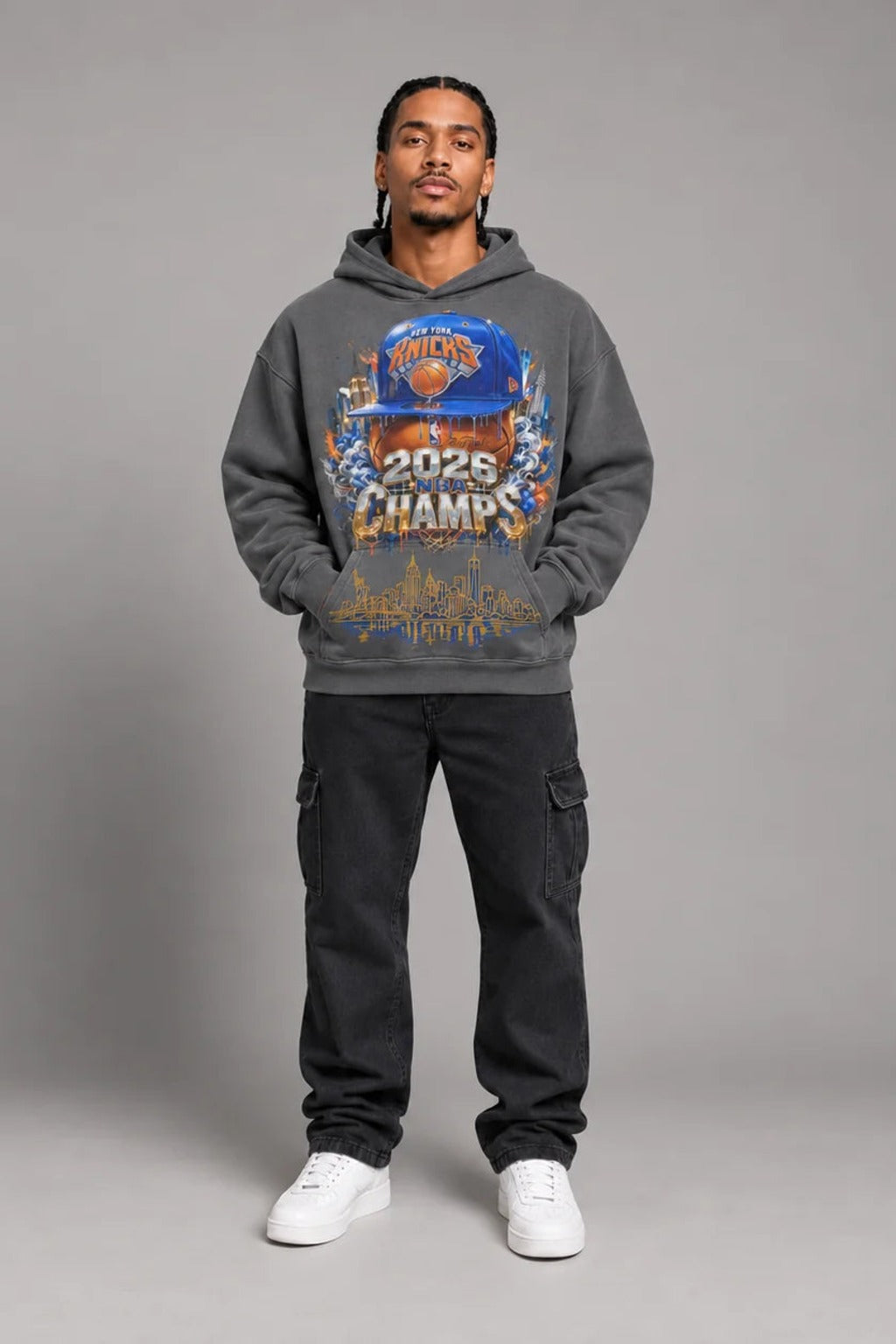 New York City Champions 2026 carbon gray 440 GSM oversized hoodie on male model – full-body front view | City 2 City Wear