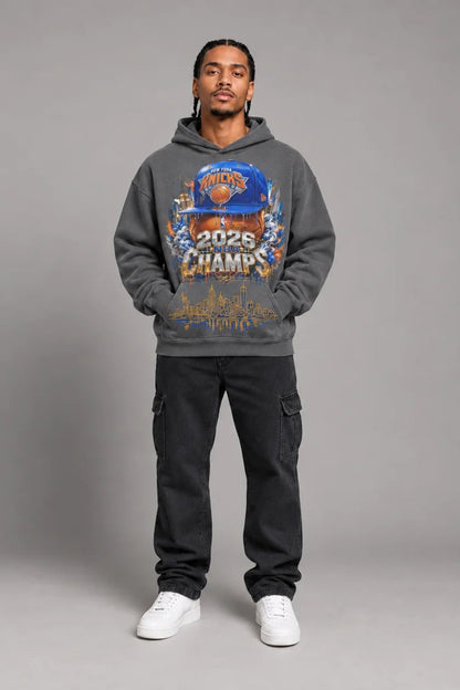 New York City Champions 2026 carbon gray 440 GSM oversized hoodie on male model – full-body front view | City 2 City Wear