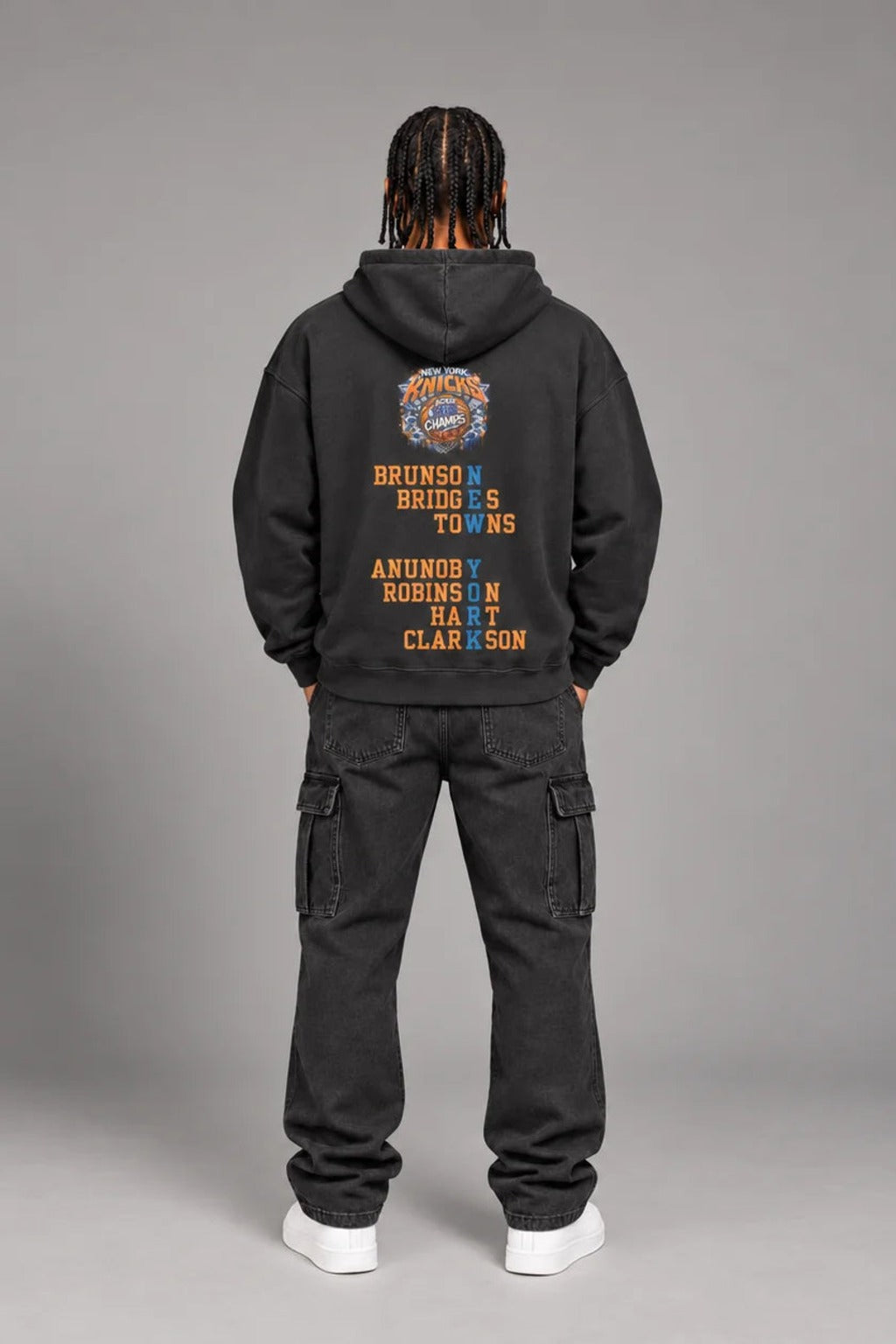 New York City Champions 2026 faded black 440 GSM oversized hoodie on male model – full-body back view | City 2 City Wear
