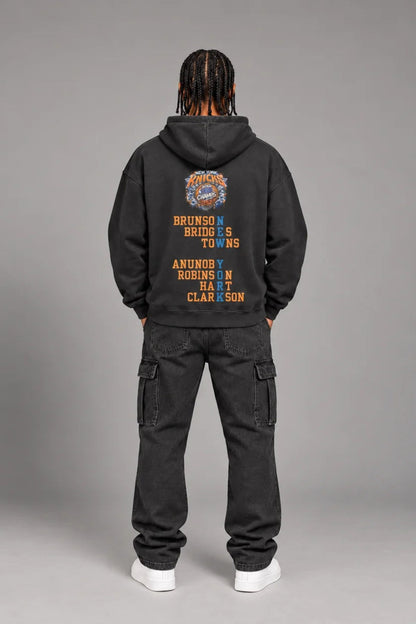 New York City Champions 2026 faded black 440 GSM oversized hoodie on male model – full-body back view | City 2 City Wear