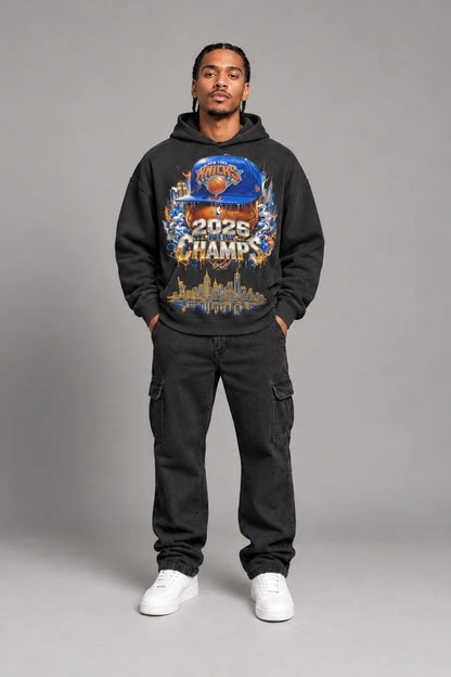 New York City Champions 2026 faded black 440 GSM oversized hoodie on male model – full-body front view | City 2 City Wear