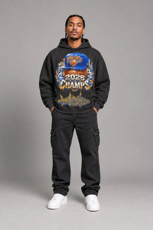 New York City Champions 2026 faded black 440 GSM oversized hoodie on male model – full-body front view | City 2 City Wear