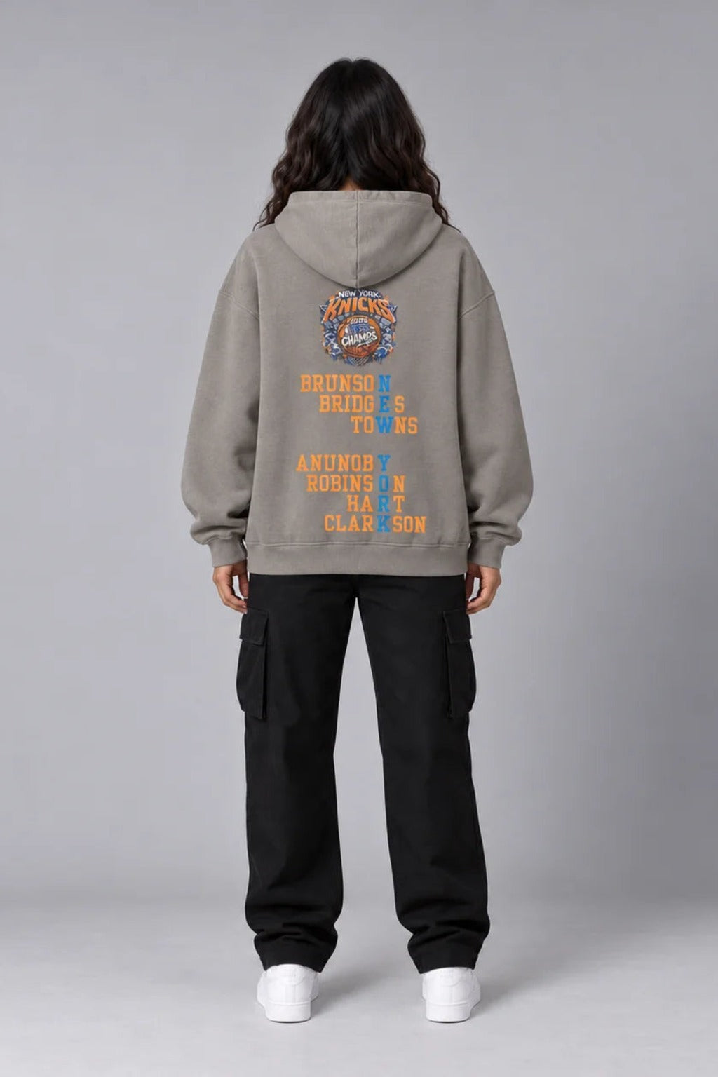 New York City Champions 2026 friar gray 440 GSM oversized hoodie on female model – full-body back view | City 2 City Wear