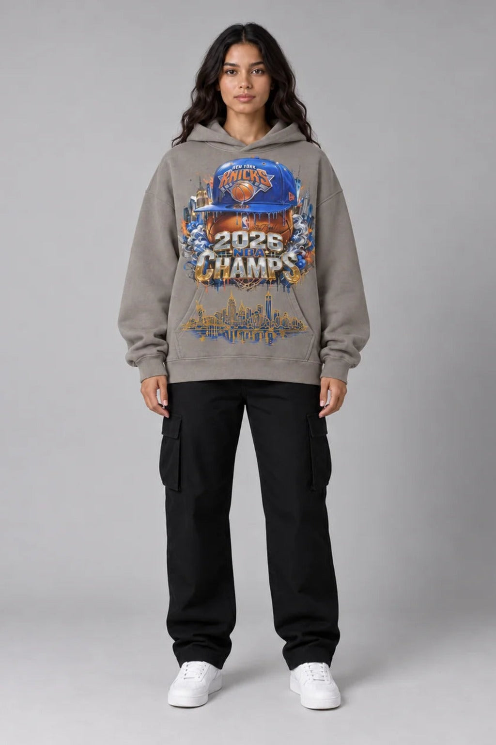 New York City Champions 2026 friar gray 440 GSM oversized hoodie on female model – full-body front view | City 2 City Wear