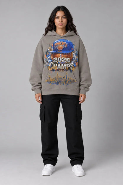 New York City Champions 2026 friar gray 440 GSM oversized hoodie on female model – full-body front view | City 2 City Wear