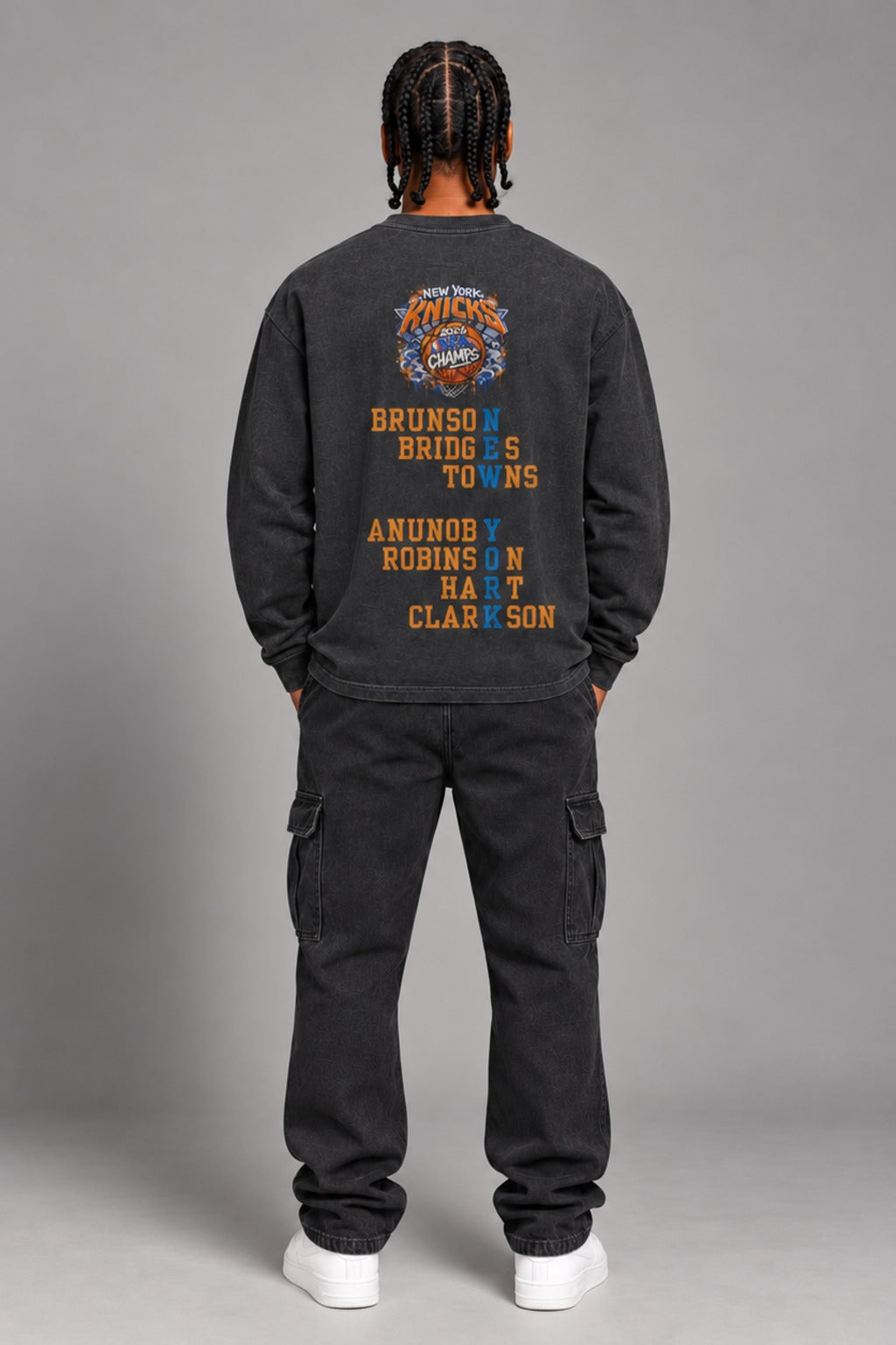 New York City Champions 2026 smoky black 260 GSM washed long-sleeve T-shirt on male model – full-body back view | City 2 City Wear
