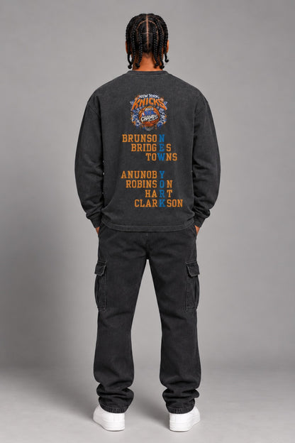 New York City Champions 2026 smoky black 260 GSM washed long-sleeve T-shirt on male model – full-body back view | City 2 City Wear