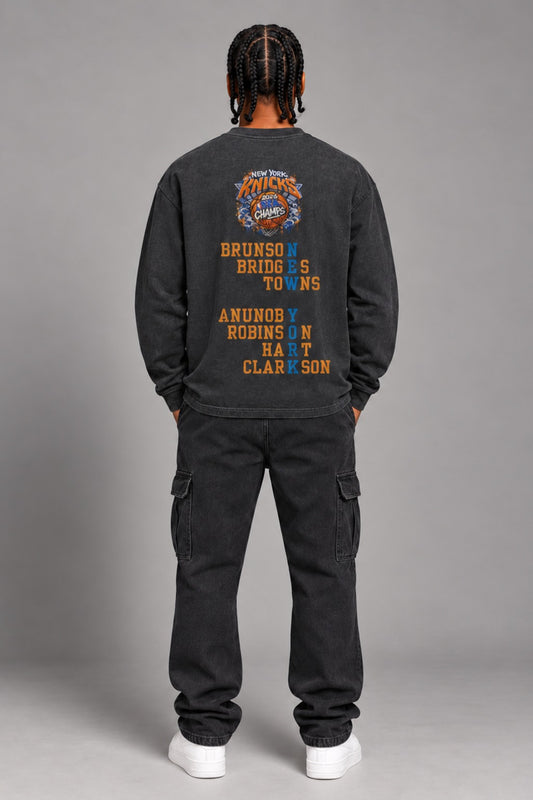 New York City Champions 2026 smoky black 260 GSM washed long-sleeve T-shirt on male model – full-body back view | City 2 City Wear