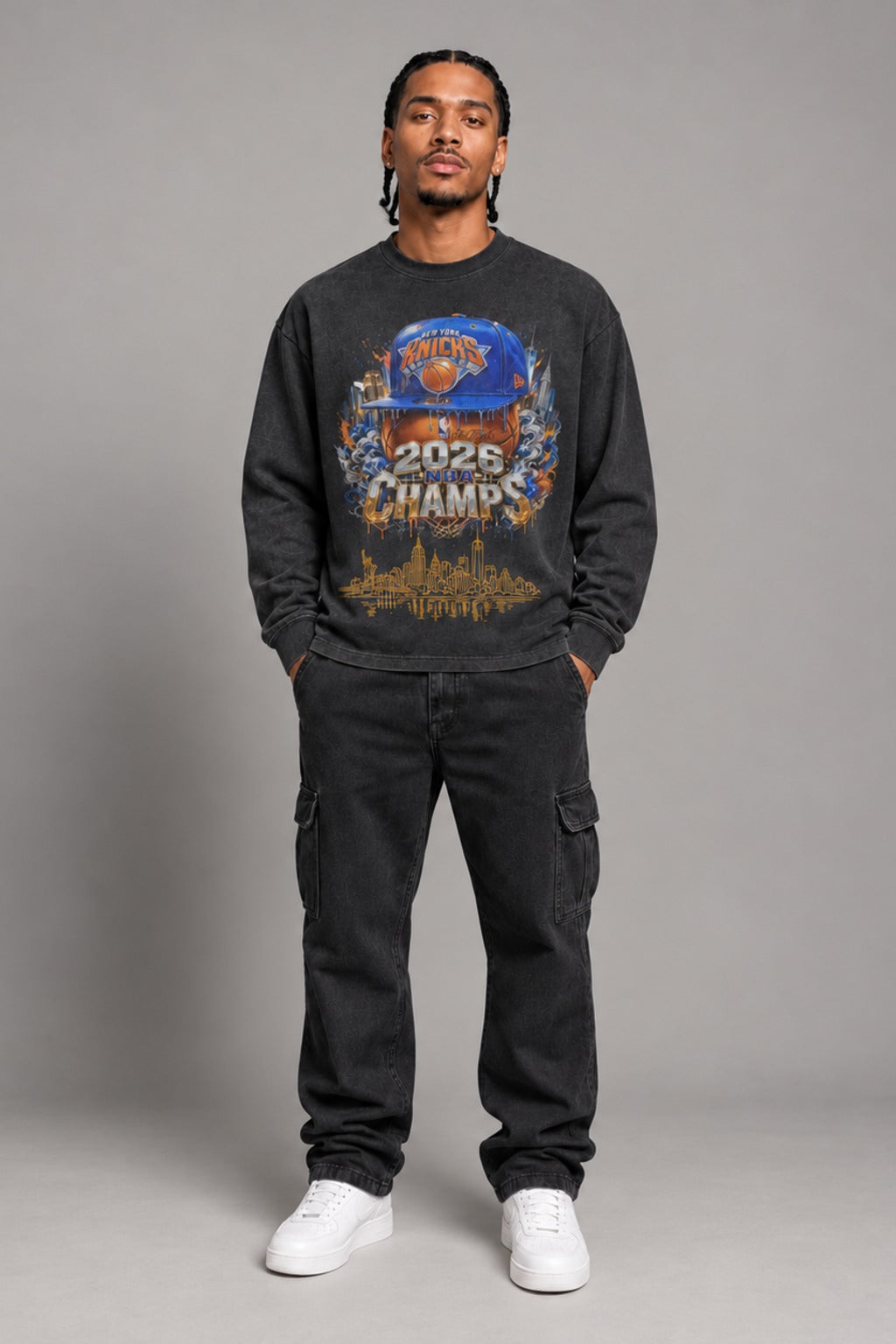 New York City Champions 2026 smoky black 260 GSM washed long-sleeve T-shirt on male model – full-body front view | City 2 City Wear
