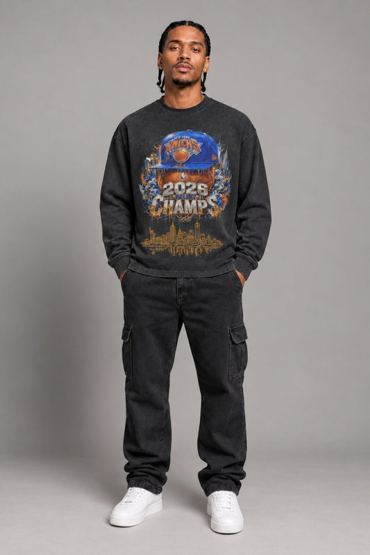 New York City Champions 2026 smoky black 260 GSM washed long-sleeve T-shirt on male model – full-body front view | City 2 City Wear
