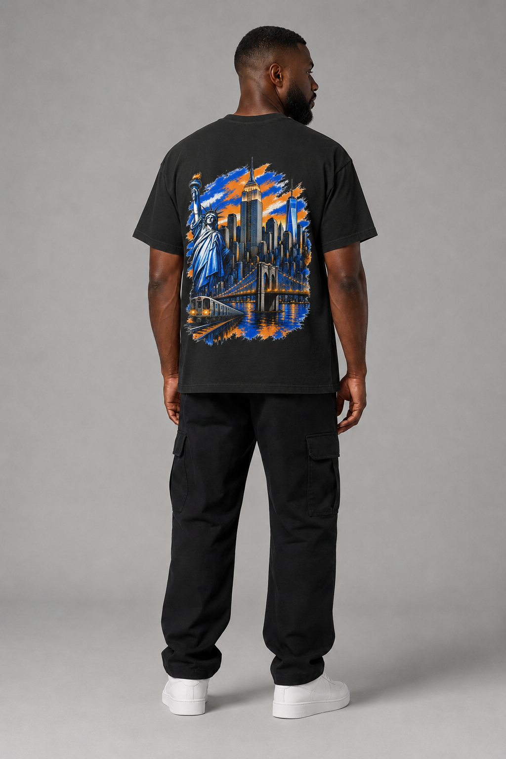New York City Concrete Jungle Skyline 240 GSM Boxy T-Shirt in Black, full-body back-view men's studio model photo | City 2 City Wear