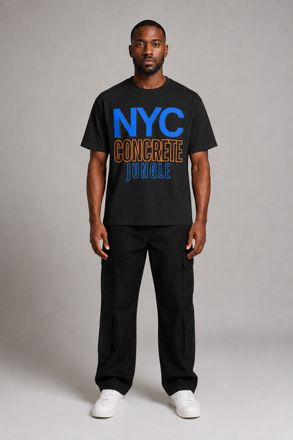 New York City Concrete Jungle Skyline 240 GSM Boxy T-Shirt in Black, full-body front-view men's studio model photo | City 2 City Wear