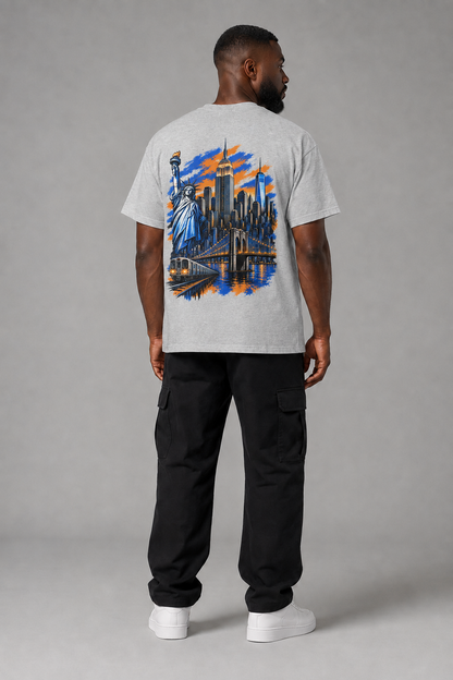 New York City Concrete Jungle Skyline 240 GSM Boxy T-Shirt in Heather Gray, full-body back-view men's studio model photo | City 2 City Wear