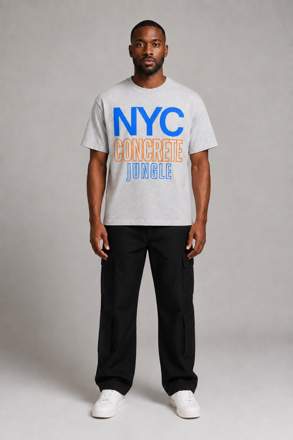 New York City Concrete Jungle Skyline 240 GSM Boxy T-Shirt in Heather Gray, full-body front-view men's studio model photo | City 2 City Wear