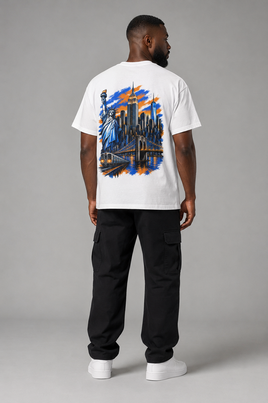 New York City Concrete Jungle Skyline 240 GSM Boxy T-Shirt, White back-view full-body men’s studio model photo, New York City | City 2 City Wear