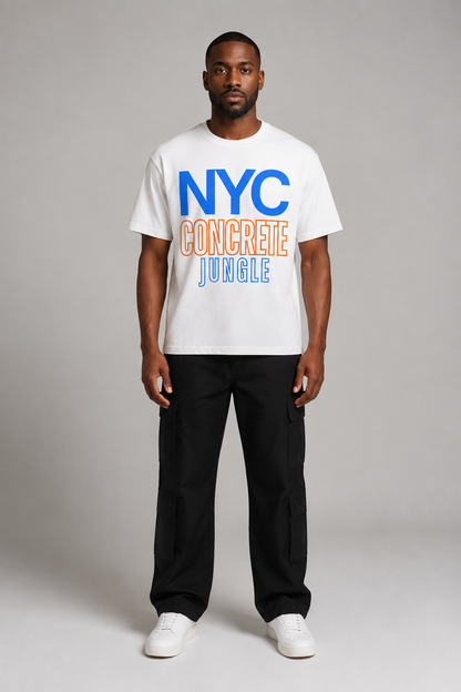 New York City Concrete Jungle Skyline 240 GSM Boxy T-Shirt, White front-view full-body men’s studio model photo, New York City | City 2 City Wear