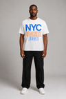 New York City Concrete Jungle Skyline 240 GSM Boxy T-Shirt, White front-view full-body men’s studio model photo, New York City | City 2 City Wear
