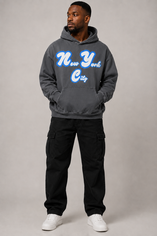 New York City Script 440 GSM Heavyweight Washed Oversized Hoodie in Carbon Gray, full-body three-quarter front-view men's studio model photo | City 2 City Wear