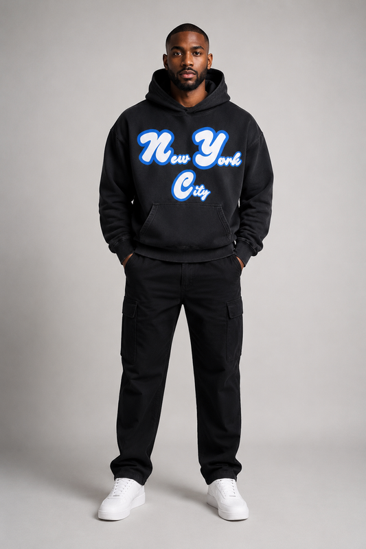 New York City Script 440 GSM Heavyweight Washed Oversized Hoodie, Faded Black front-view full-body men’s studio model photo, New York City | City 2 City Wear