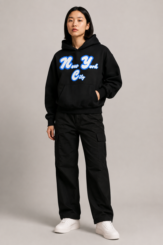 New York City Sculpted 400 GSM Women’s Hoodie, Black three-quarter front full-body women’s studio model photo, New York City | City 2 City Wear