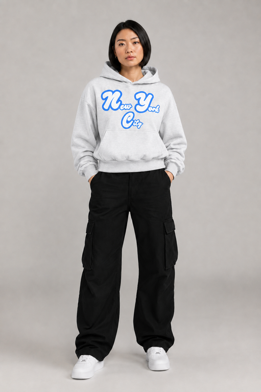 New York City Sculpted 400 GSM Women’s Hoodie in Light Gray, full-body front-view women's studio model photo | City 2 City Wear