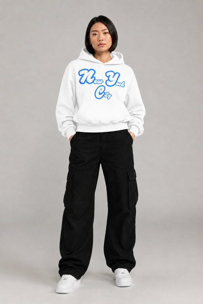 New York City Sculpted 400 GSM Women’s Hoodie in White, full-body front-view women's studio model photo | City 2 City Wear