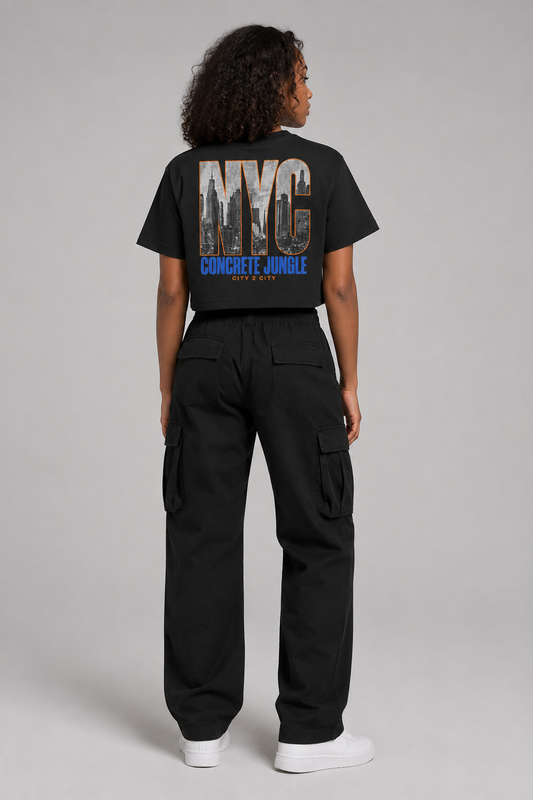 New York City Skyline Women’s Crop T-Shirt, Black back-view full-body women’s studio model photo, New York City | City 2 City Wear