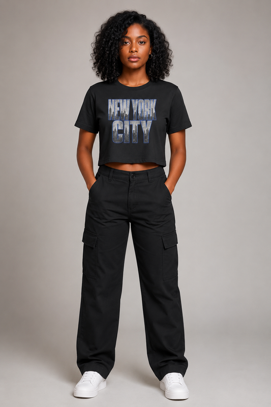 New York City Skyline Women’s Crop T-Shirt, Black front-view full-body women’s studio model photo, New York City | City 2 City Wear