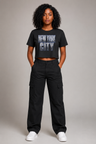 New York City Skyline Women’s Crop T-Shirt, Black front-view full-body women’s studio model photo, New York City | City 2 City Wear